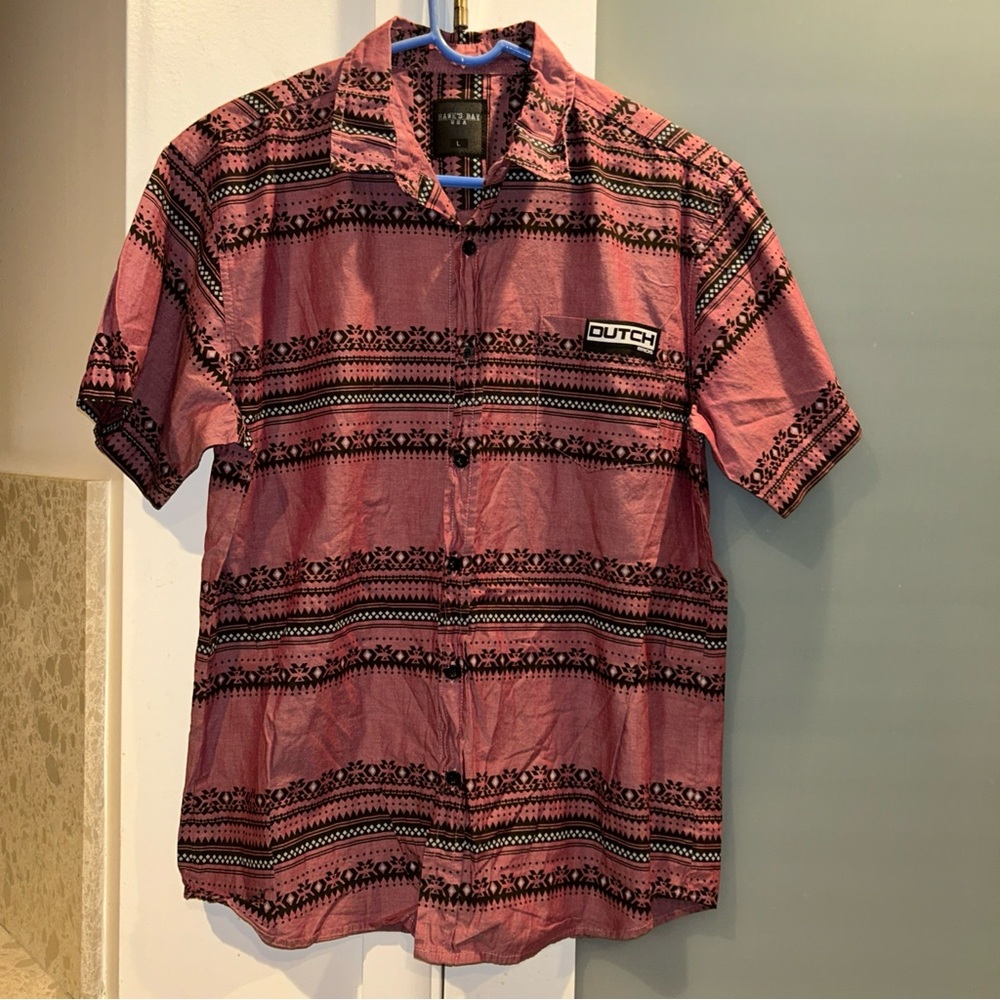 Dutch Bros Shirt Mens Lg Button Dress Maroon Burgendy Hawks Bay Aztec Print
